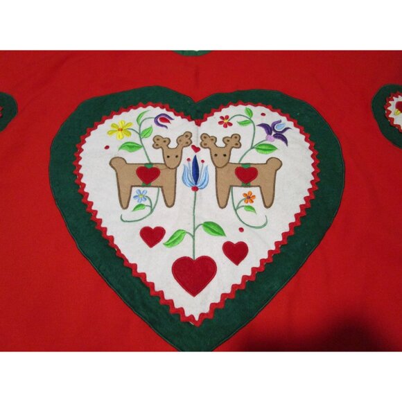 Vintage Holiday Tree Skirt With Heart Birds Reindeer Embroidery Poly Blend GUC - Picture 2 of 16